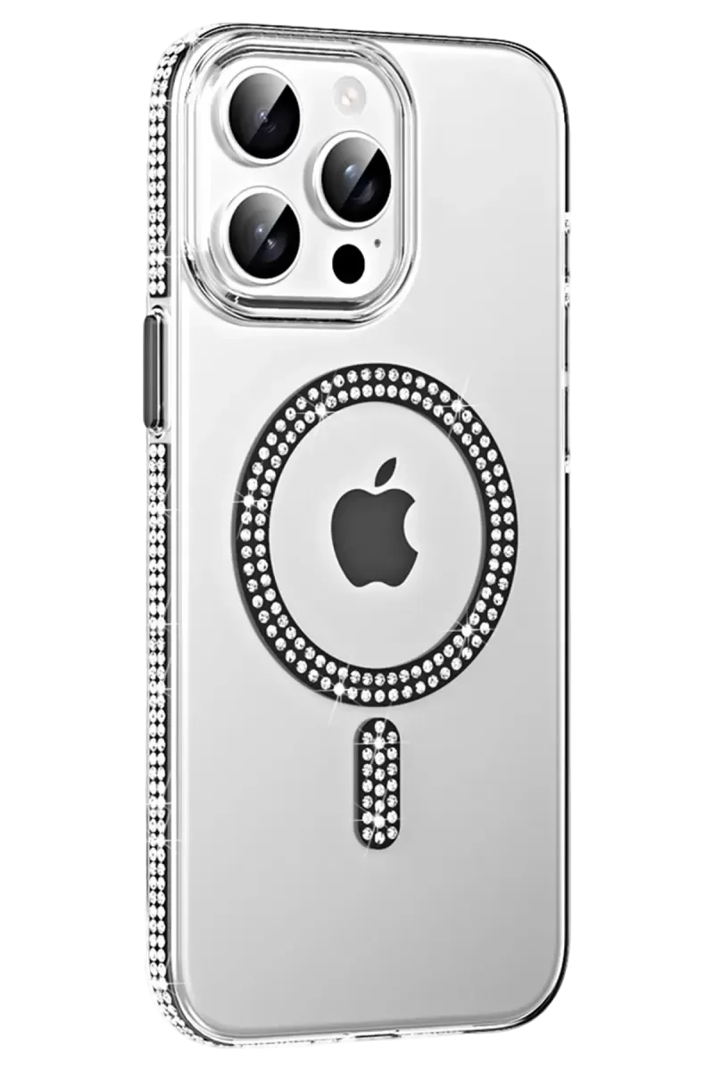 iPhone 14 Pro Max ile Uyumlu Move Taşlı Magsafe Kılıf - Siyah, 3D Elmas Süslemeli Darbe Korumalı