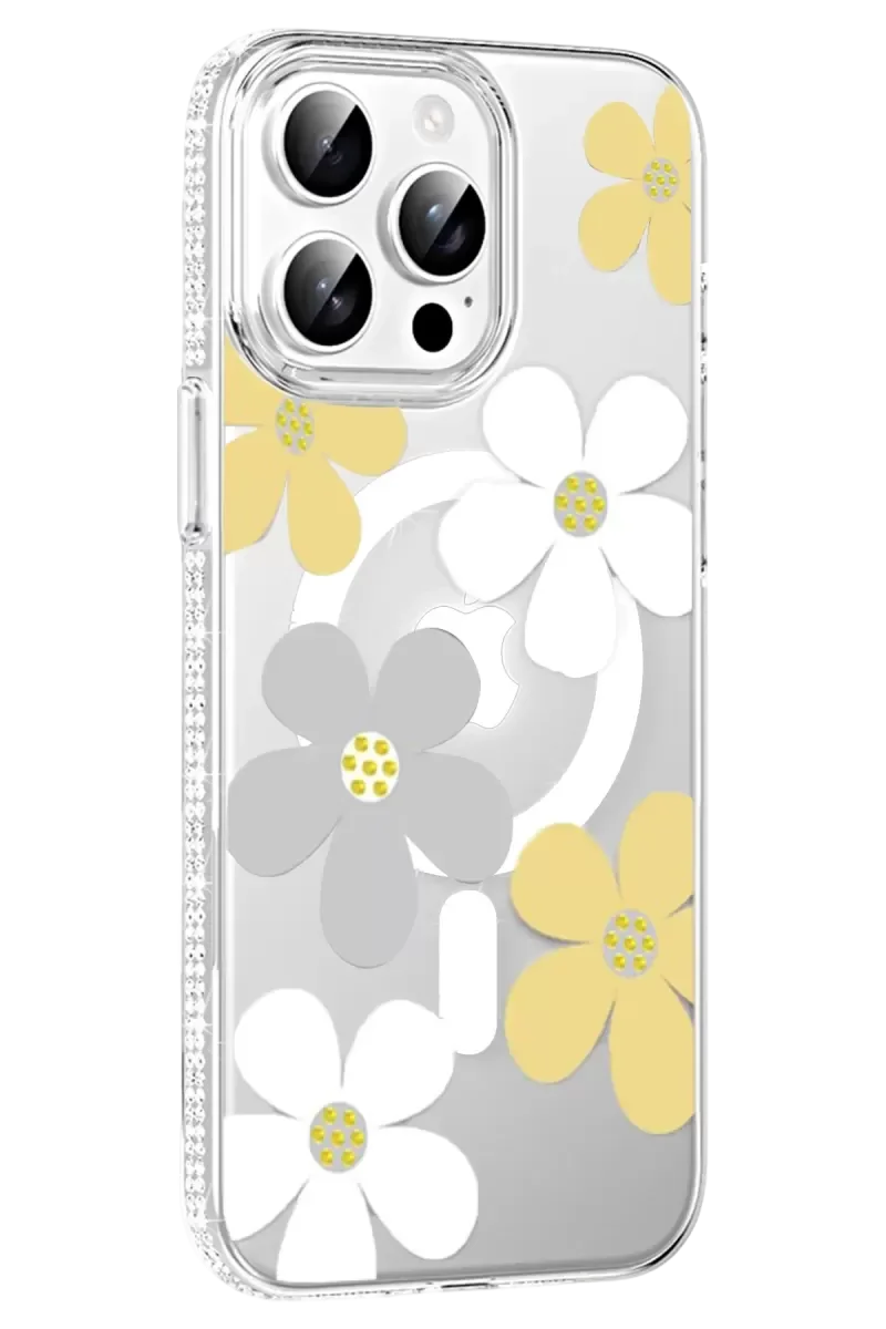 iPhone 14 Pro Max ile Uyumlu Floral Magsafe Kapak - Sarı Çiçek Desenli Darbe Korumalı Şeffaf Telefon Kılıfı