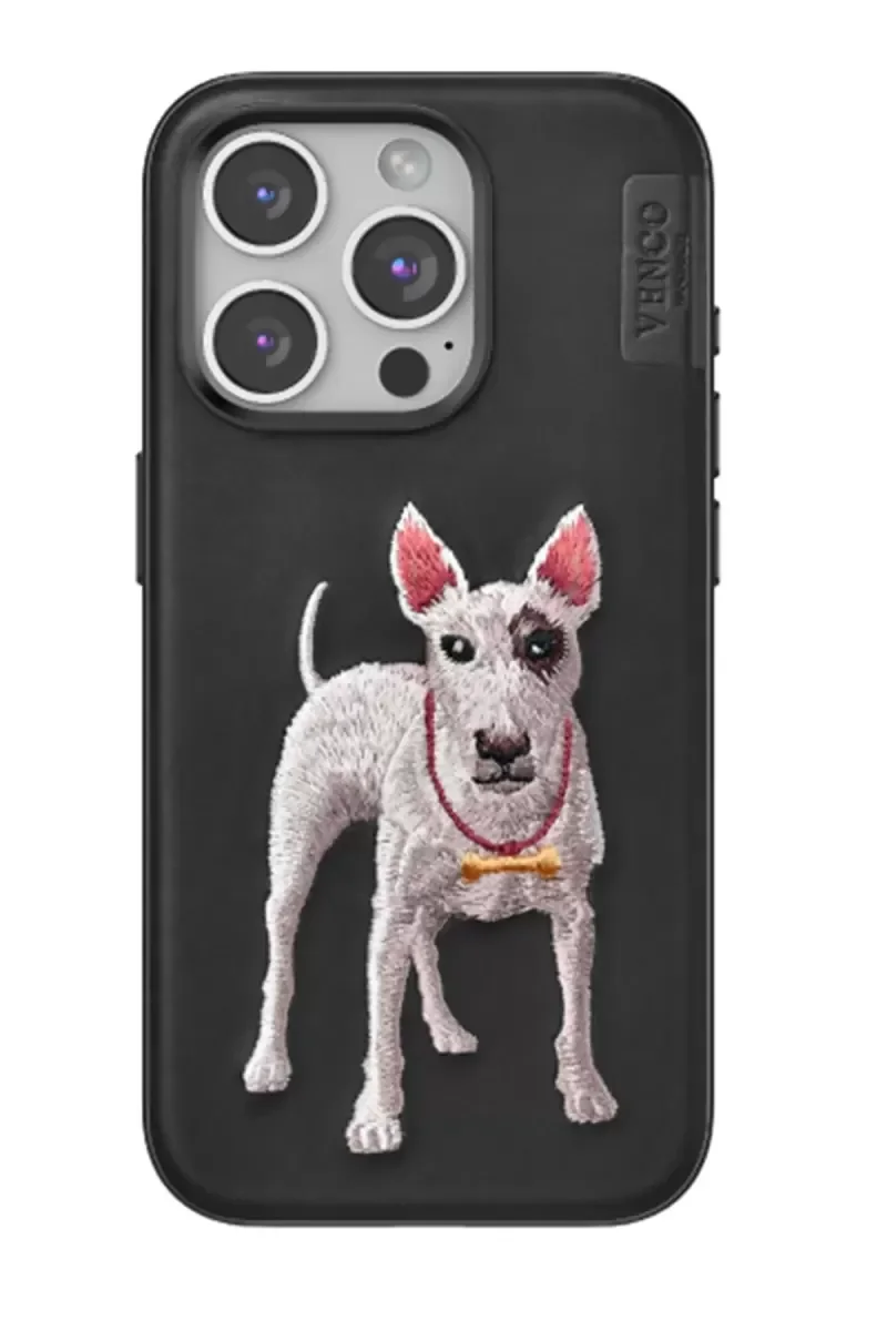 iPhone 14 Pro Max ile Uyumlu Perma Desenli Kapak - Siyah Deri Görünümlü Köpek Figürlü Şık Telefon Kılıfı