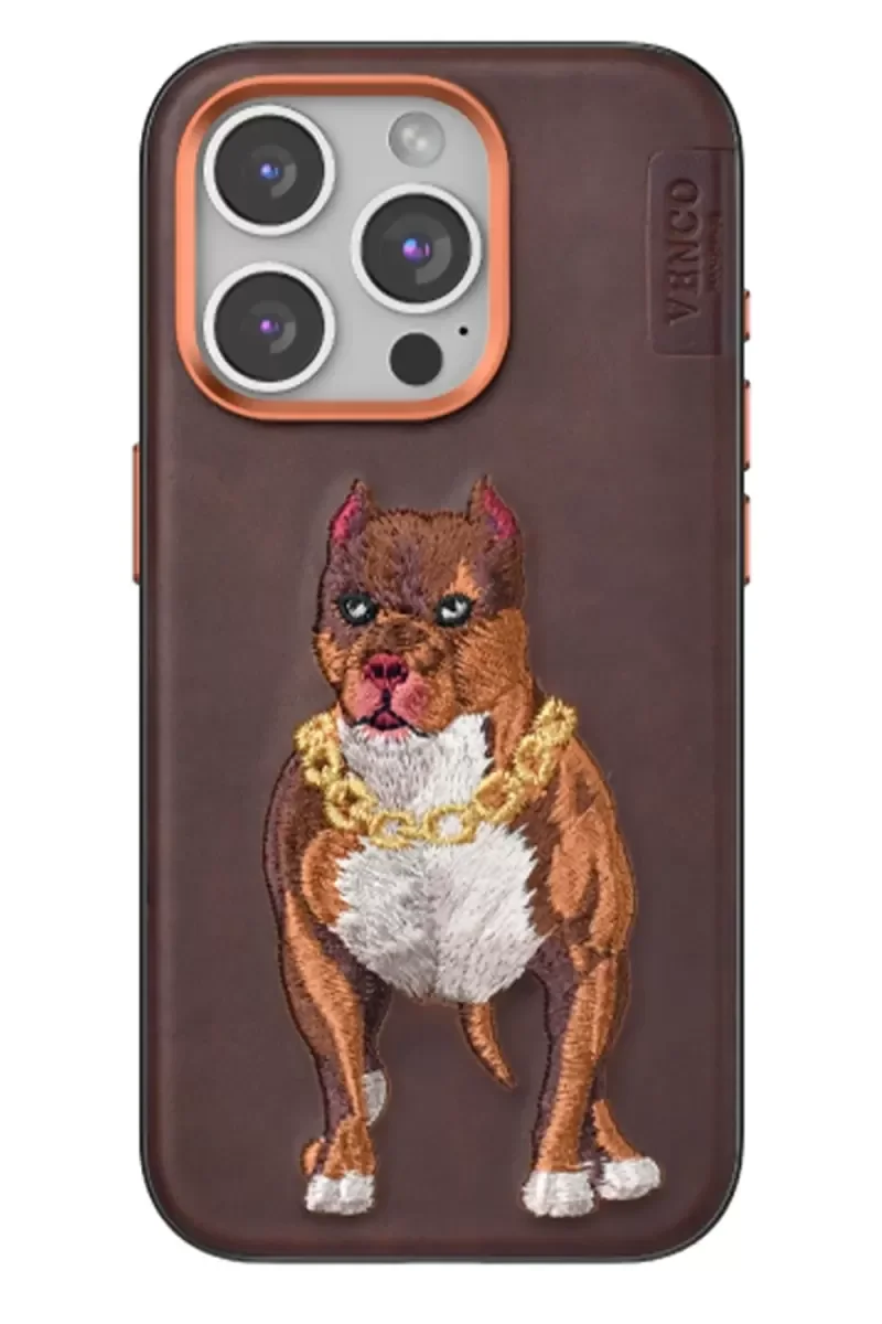iPhone 14 Pro Max ile Uyumlu Perma Desenli Kapak - Kahverengi Deri Görünümlü Köpek Figürlü Telefon Kılıfı