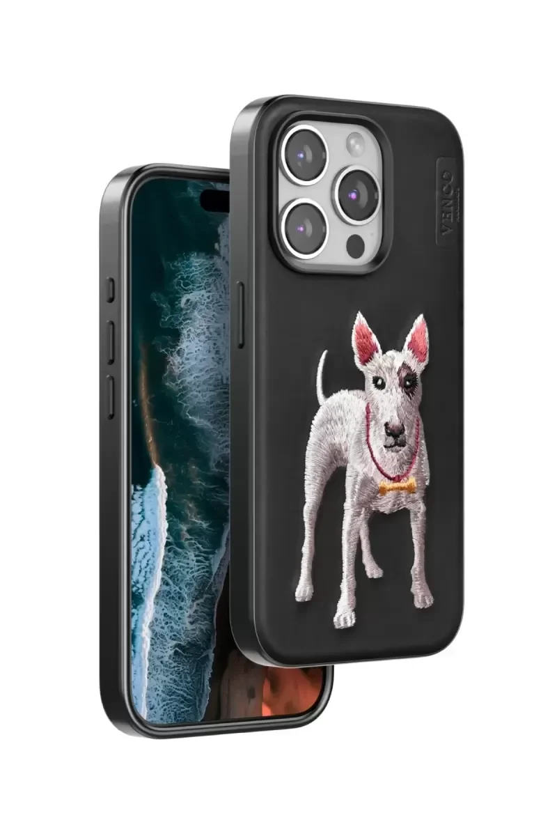 iPhone 14 Pro Max ile Uyumlu Perma Desenli Kapak - Siyah Deri Görünümlü Köpek Figürlü Şık Telefon Kılıfı