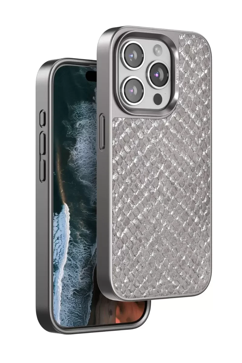 iPhone 14 Pro Max ile Uyumlu Viper Kapak - Titan Gri Yılan Derisi Desenli Şık Telefon Kılıfı