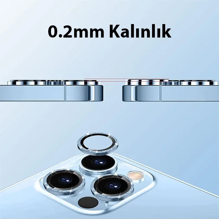 iPhone 14 Pro Max Kamera Lens Koruyucu - Diamond Taşlı Alüminyum Çerçeve