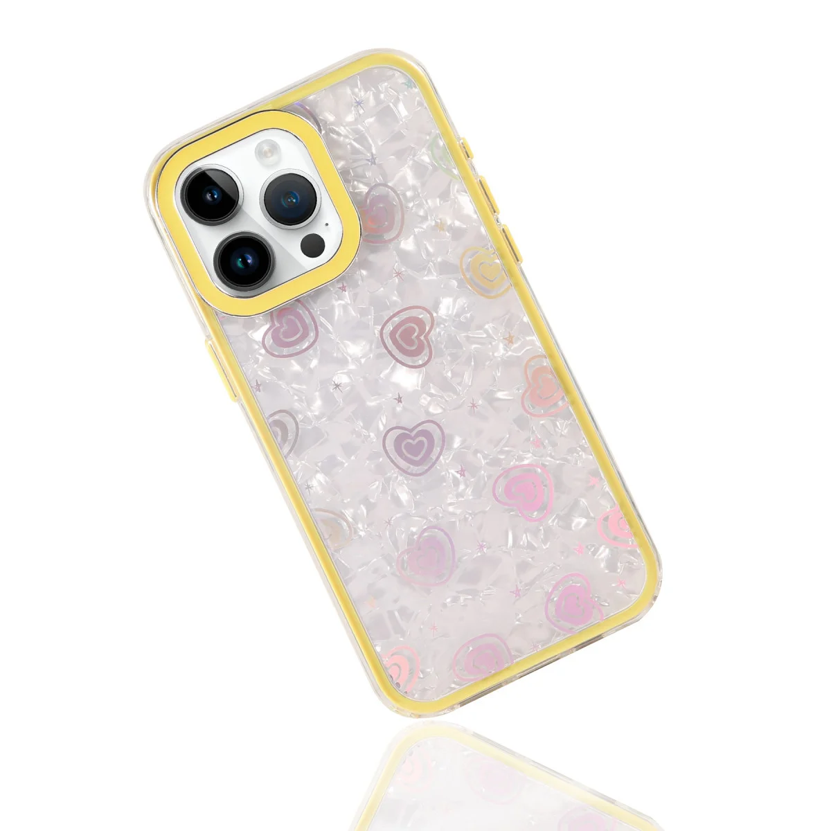 iPhone 14 Pro Max Lumi Desenli Kapak - Sarı, Kristal Şeffaf ve Kalp Desenli Koruma Kılıfı
