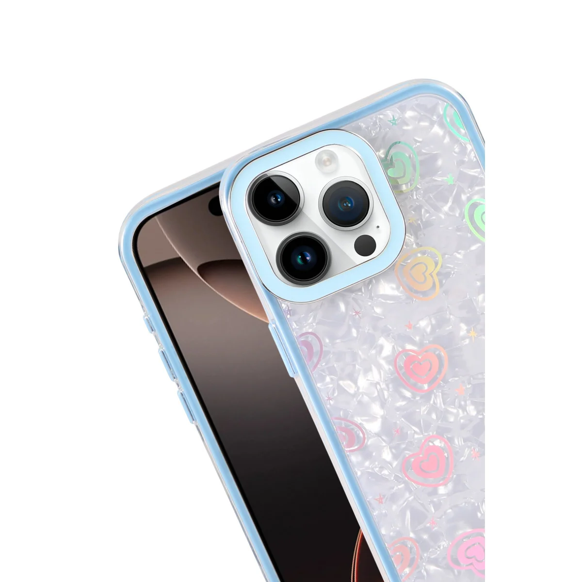 iPhone 14 Pro Max Lumi Desenli Kapak - Mavi Kristal ve Kalp Deseni Güçlü Koruma