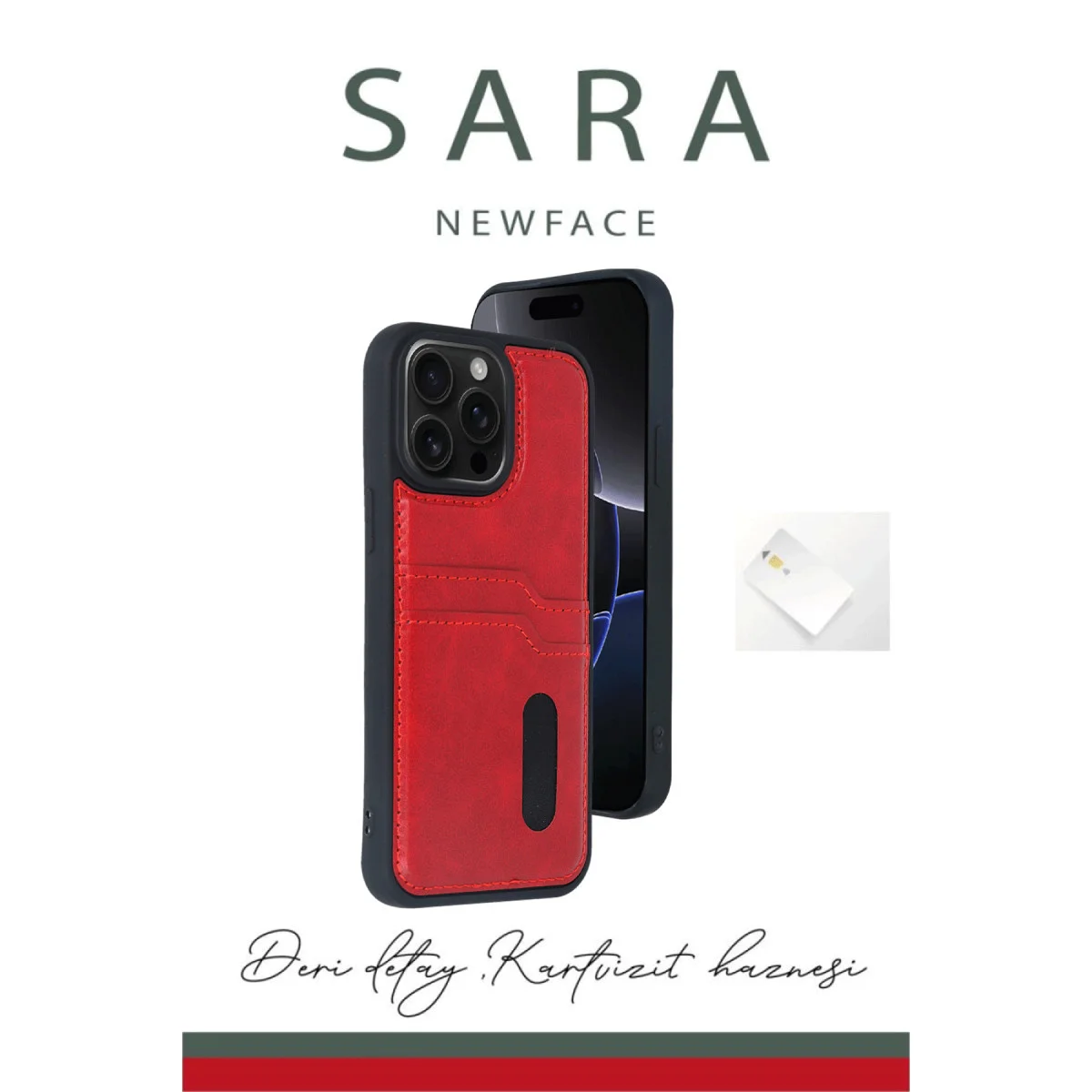 iPhone 14 Pro Max Sara Kartvizitli Deri Kılıf - Kırmızı ve İşlevsel Koruma