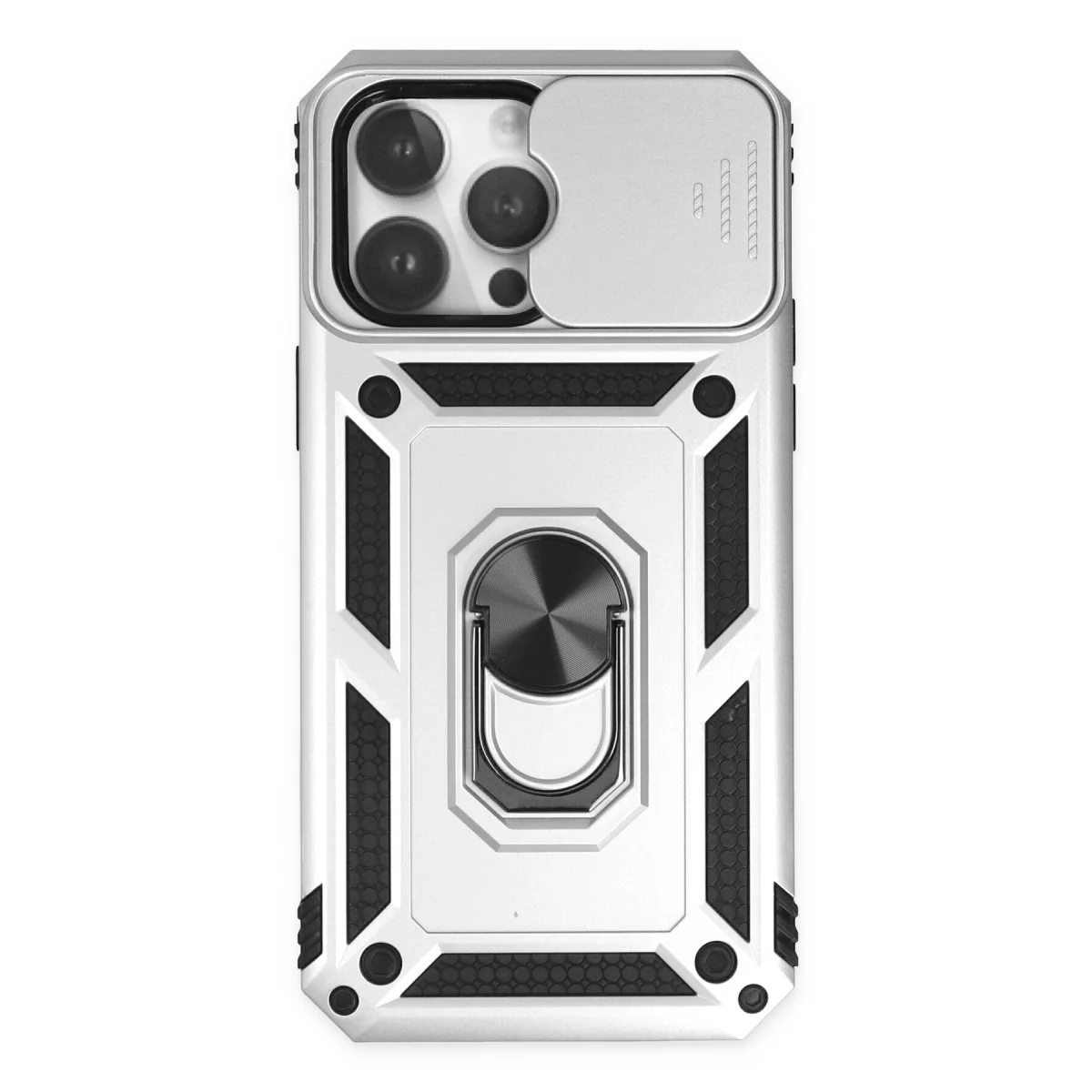 iPhone 14 Pro Max Silikon Kılıf Gümüş - Lens Korumalı Kamera Kılıfı ve Metal Stand