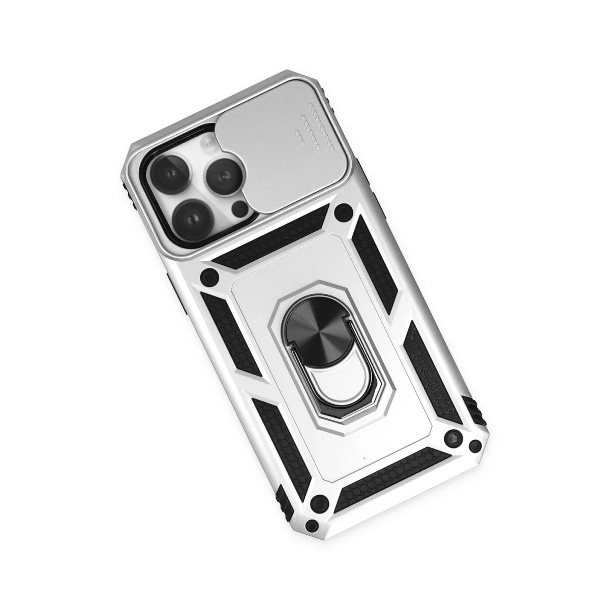 iPhone 14 Pro Max Silikon Kılıf Gümüş - Lens Korumalı Kamera Kılıfı ve Metal Stand