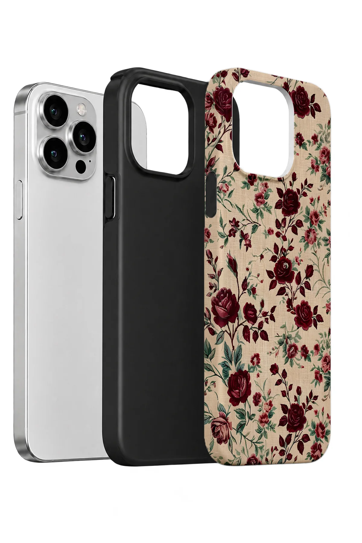 iPhone 14 Pro Max Vorian Çift Katmanlı Bordo Botanik Kılıf - Görsel 2