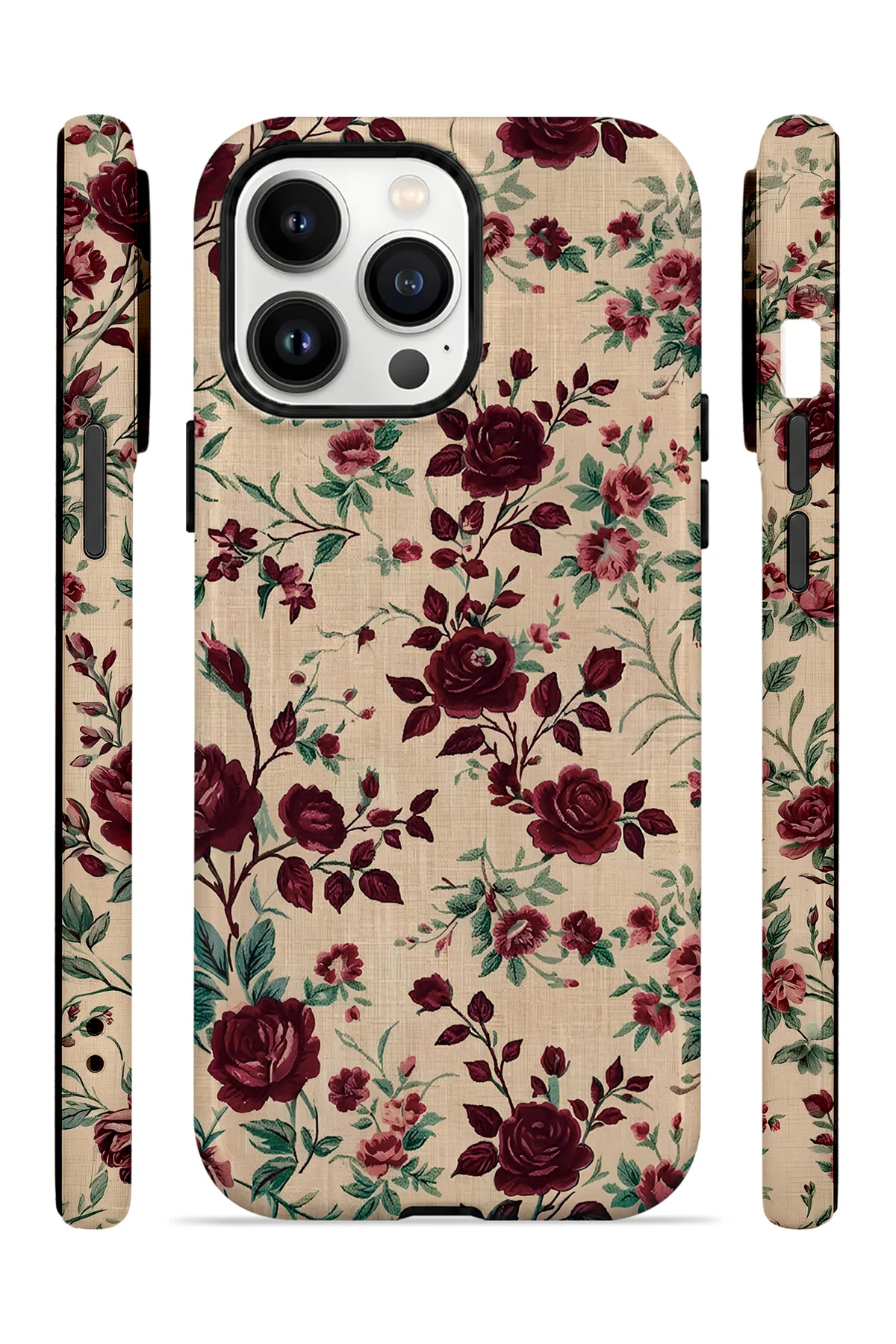 iPhone 14 Pro Max Vorian Çift Katmanlı Bordo Botanik Kılıf - Görsel 3