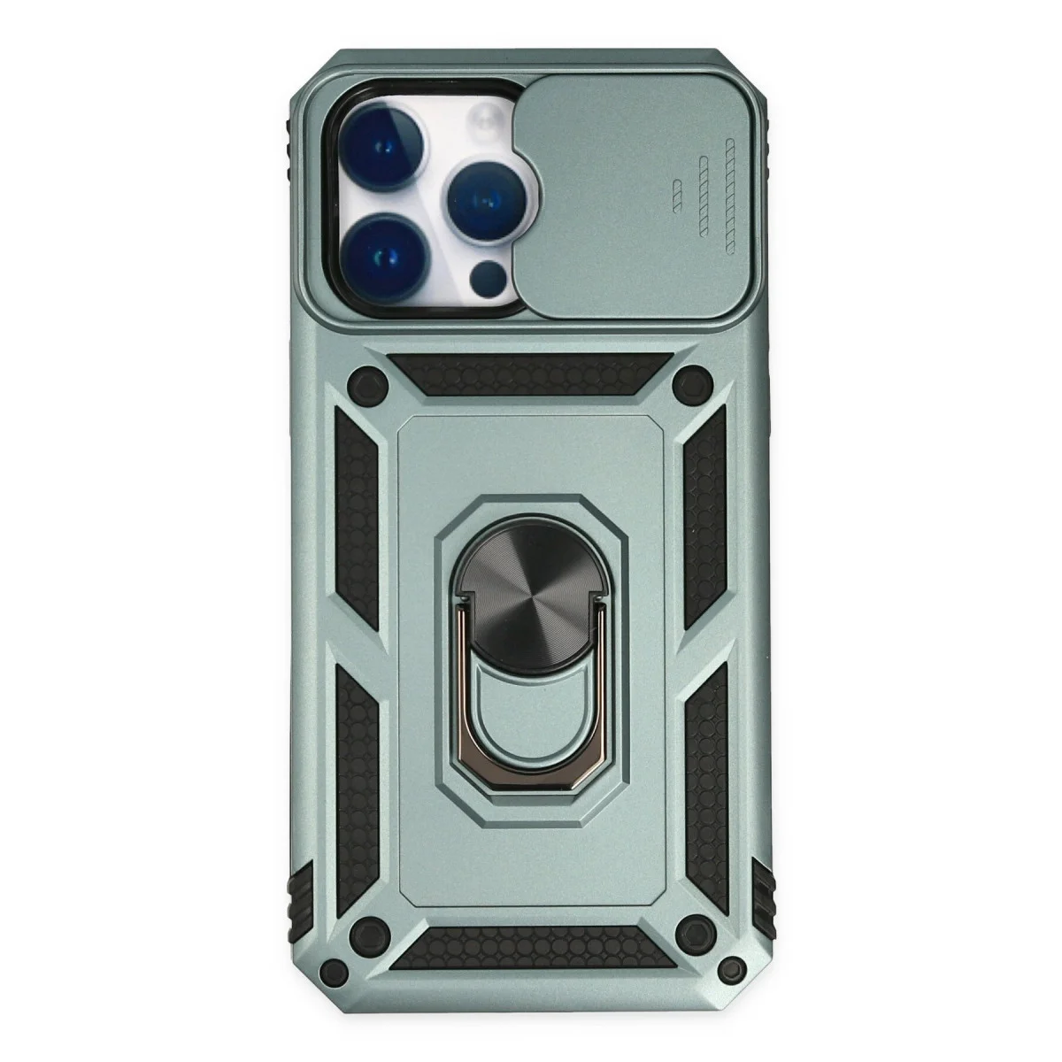 iPhone 14 Pro Max Yeşil Silikon Kılıf - Pars Lens Yüzüklü ve Metal Standlı