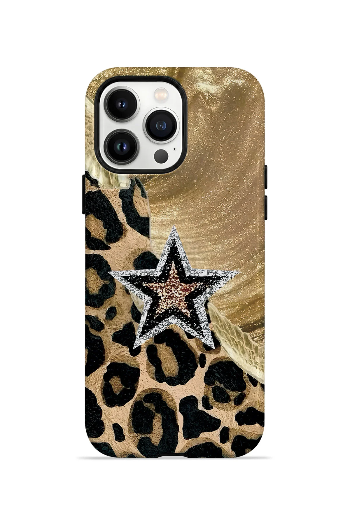 iPhone 14 Pro Vorian Çift Katmanlı Altın Leopar Yıldız Kılıf iPhone 14 Pro Vorian Çift Katmanlı Altın Leopar Yıldız Kılıf
