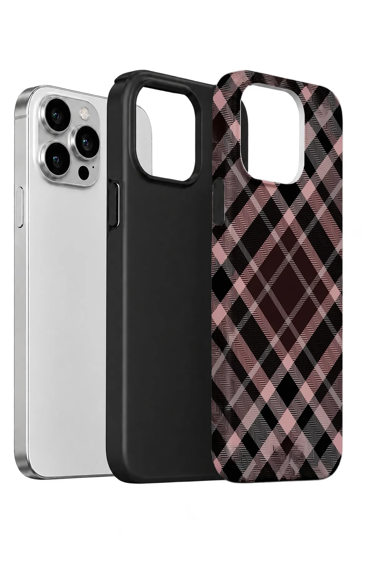 iPhone 14 Pro Vorian Çift Katmanlı Pudra Siyah Ekose Kılıf - Görsel 2