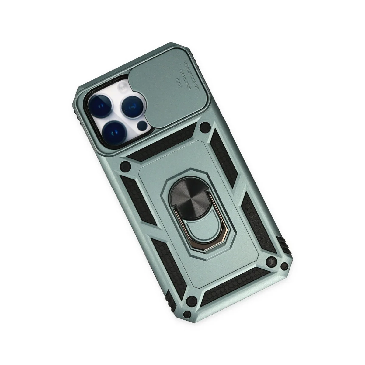 iPhone 14 Pro Yeşil Silikon Kılıf - Pars Lens Yüzüklü, Standlı, Max Koruma