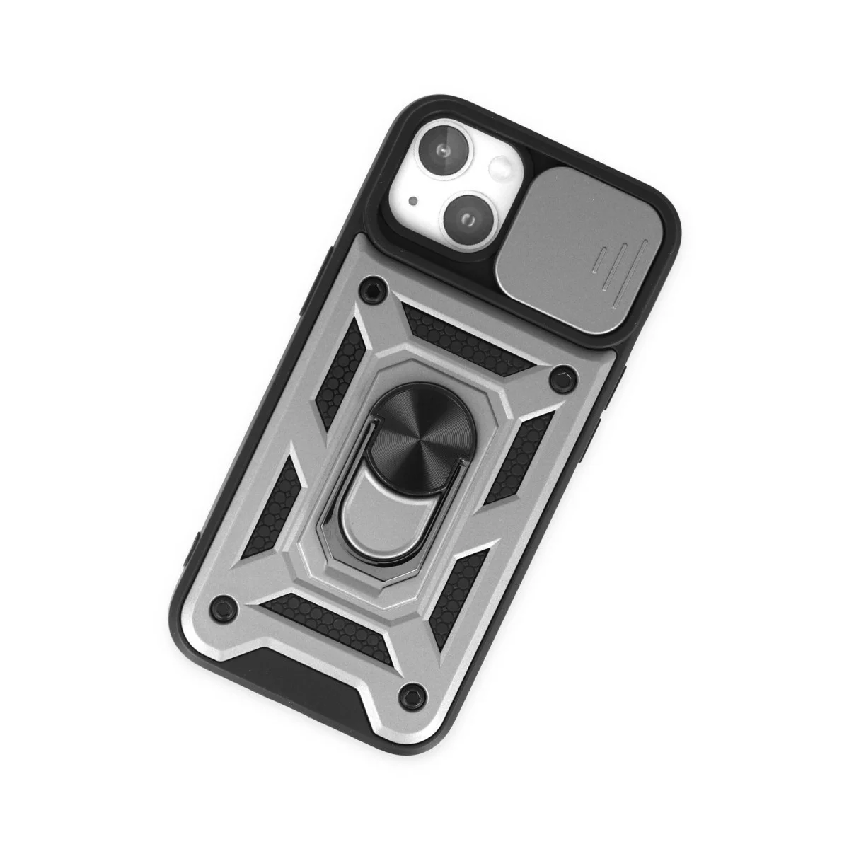 iPhone 14 Silikon Kılıf - Gümüş, Lens Korumalı ve Metal Standlı Pars Modeli