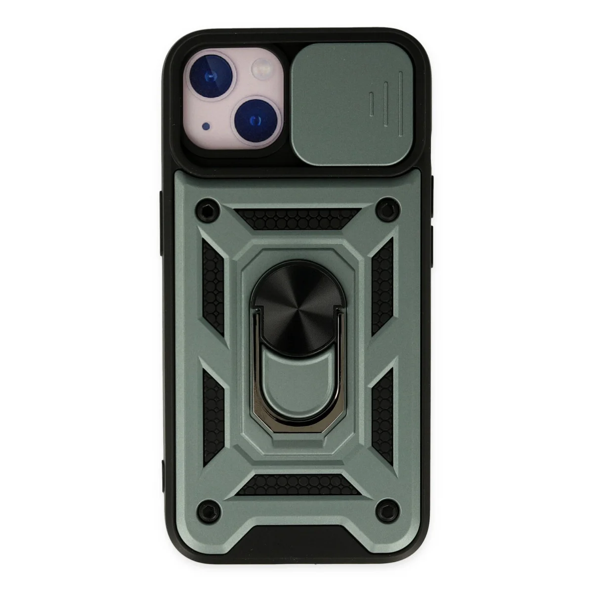 iPhone 14 Silikon Kılıf Yeşil - Pars Lens Yüzüklü, Metal Halkalı ve Darbe Korumalı Kılıf
