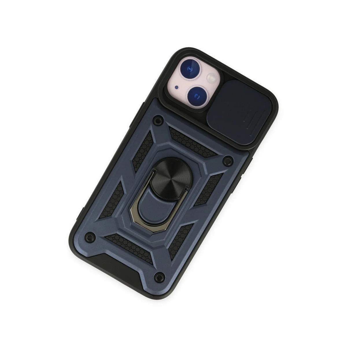 iPhone 14 Silikon Kılıf - Lens Kapağı Standlı Lacivert