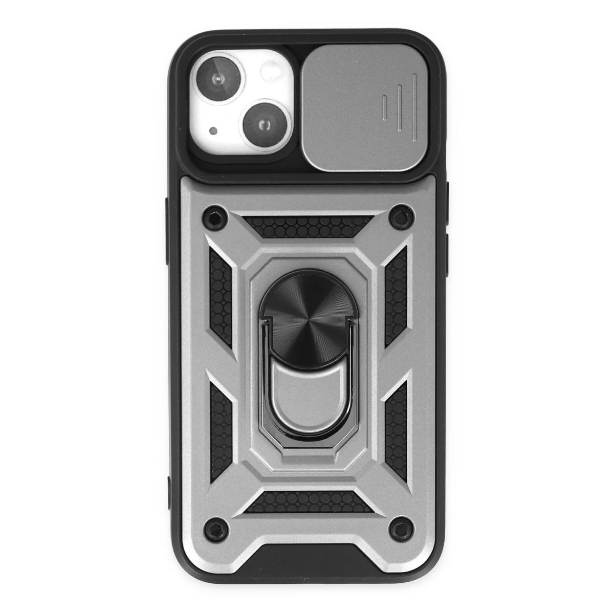 iPhone 14 Silikon Kılıf - Gümüş, Lens Korumalı ve Metal Standlı Pars Modeli