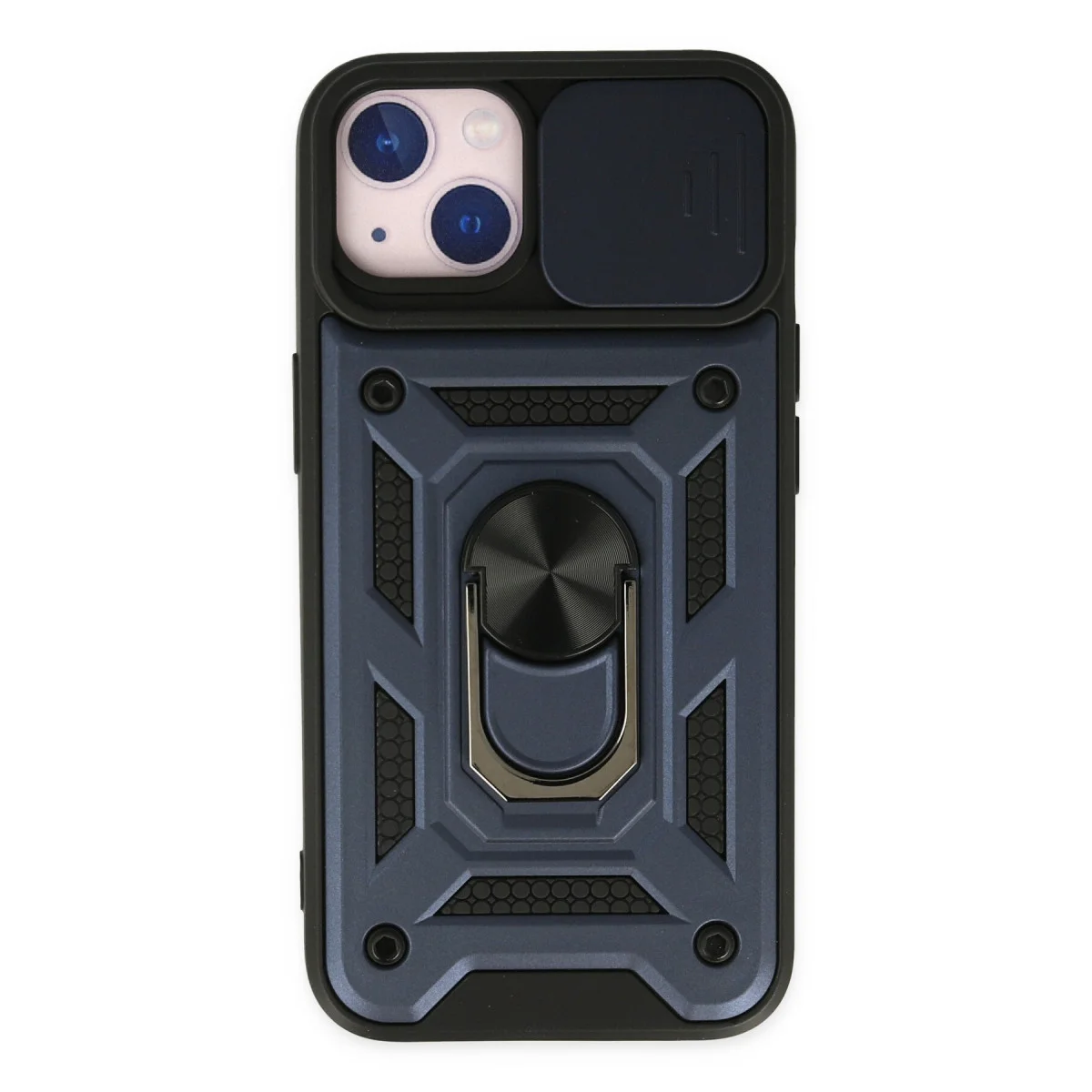 iPhone 14 Silikon Kılıf - Lens Kapağı Standlı Lacivert