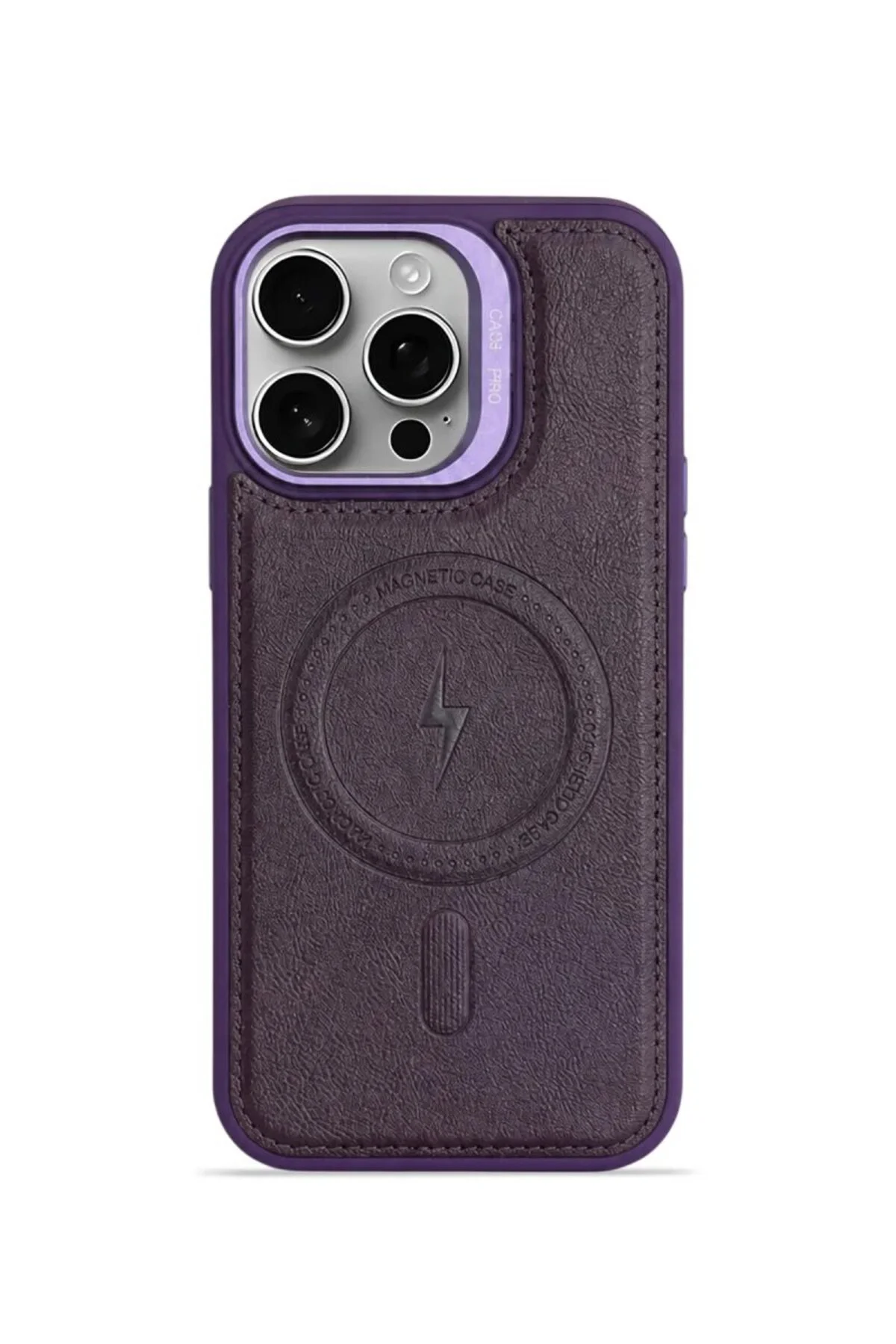 iPhone 15 GripStand MagSafe Deri Kılıf Mor