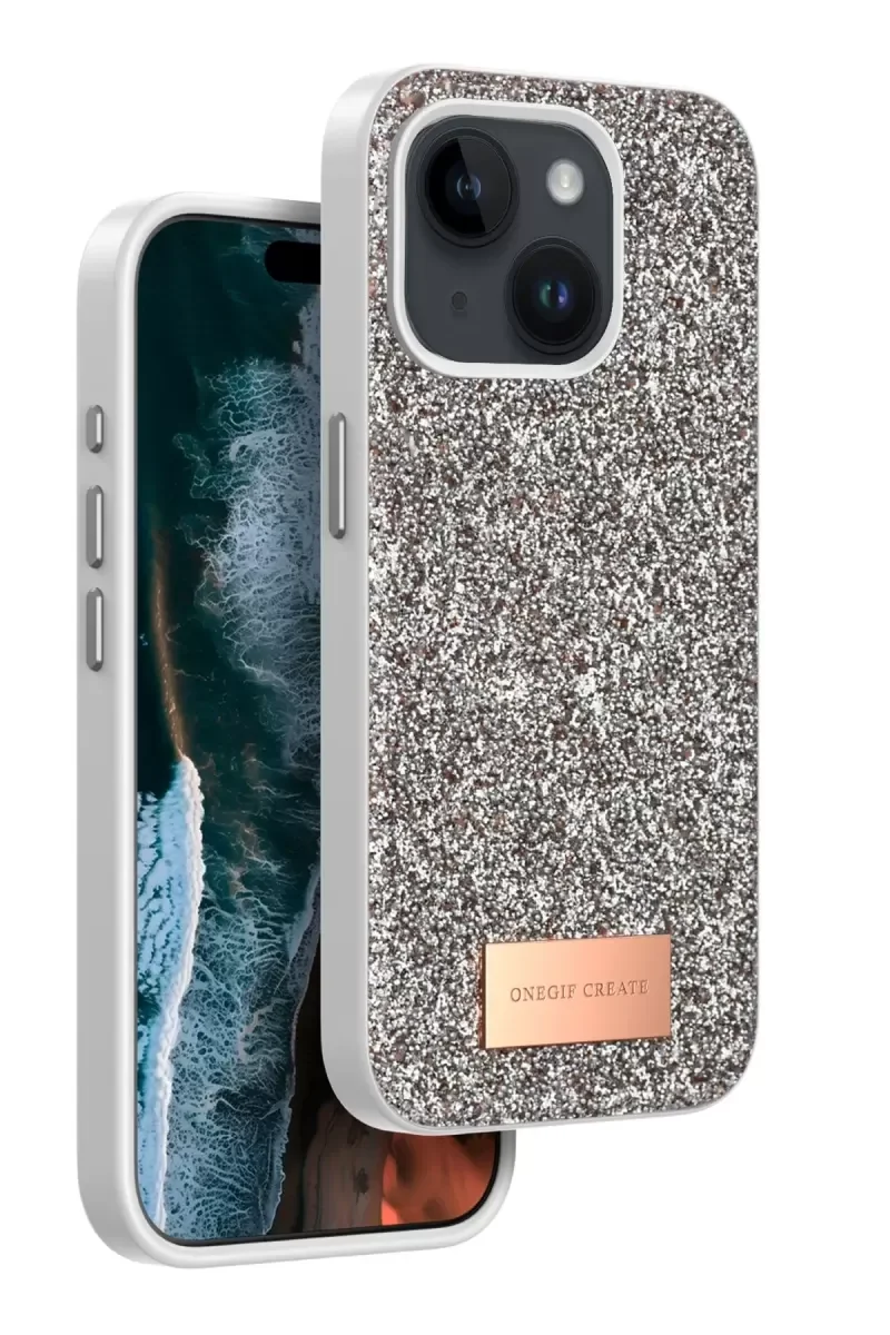 iPhone 15 ile Uyumlu Bright Simli Kapak - Gold Boncuk İşlemeli Şık Telefon Kılıfı
