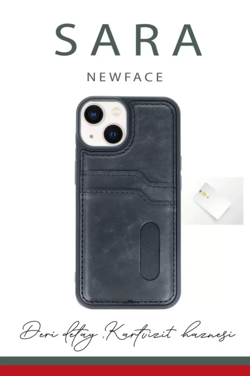 iPhone 15 ile Uyumlu Sara Kartvizitli Deri Kılıf - Taba