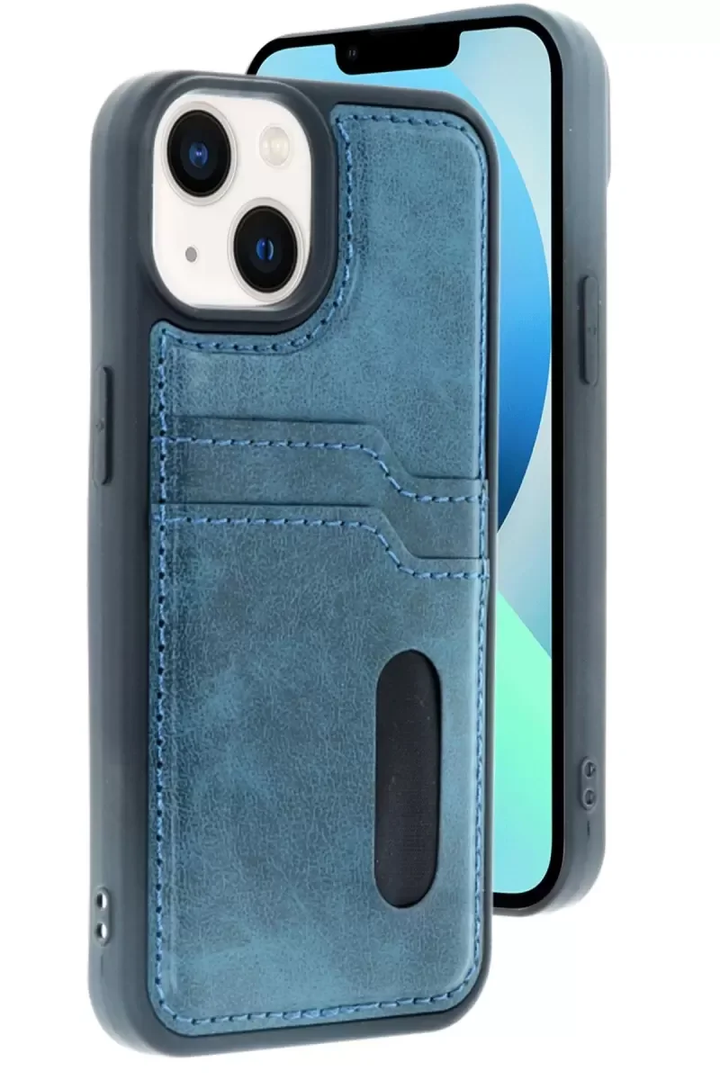 iPhone 15 ile Uyumlu Sara Kartvizitli Deri Kılıf - Lacivert