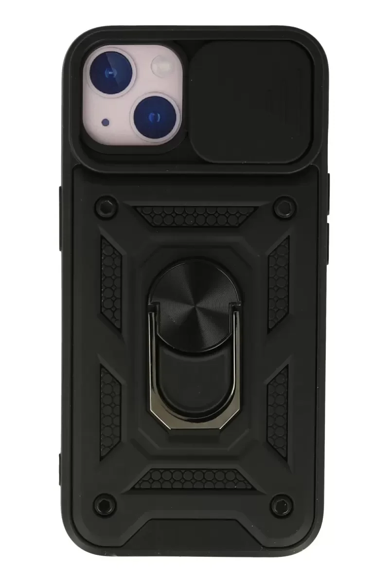 iPhone 15 ile Uyumlu Pars Lens Yüzüklü Silikon Kılıf - Siyah, Darbe Korumalı, Standlı, Sürgülü Lens Kapaklı