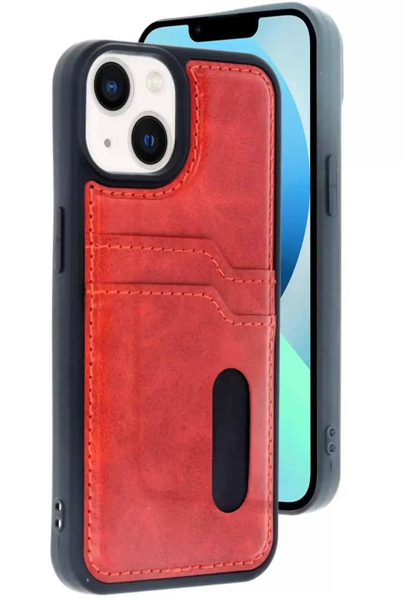 iPhone 15 ile Uyumlu Sara Kartvizitli Deri Kılıf - Kırmızı