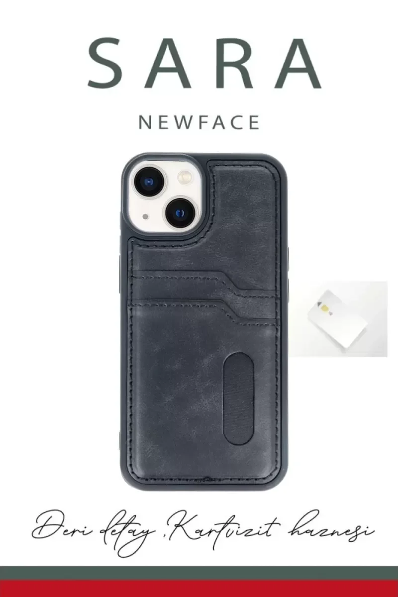 iPhone 15 ile Uyumlu Sara Kartvizitli Deri Kılıf - Lacivert