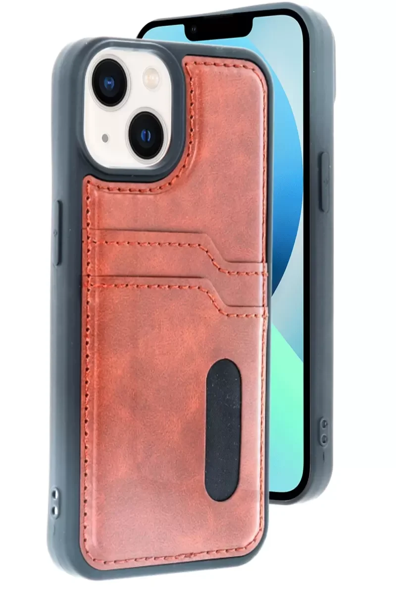iPhone 15 ile Uyumlu Sara Kartvizitli Deri Kılıf - Taba