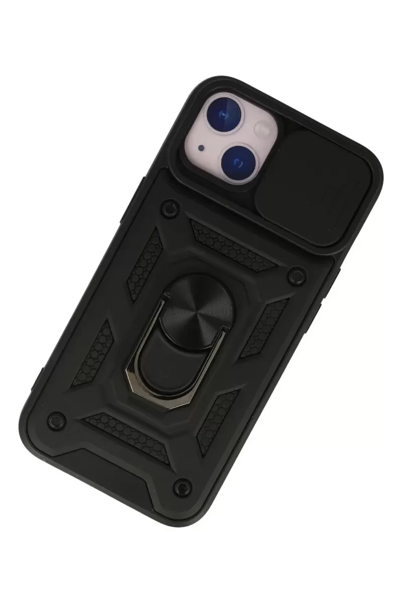 iPhone 15 ile Uyumlu Pars Lens Yüzüklü Silikon Kılıf - Siyah, Darbe Korumalı, Standlı, Sürgülü Lens Kapaklı