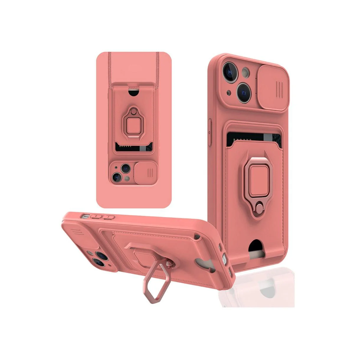 iPhone 15 ile Uyumlu Zuma Kart Bölmeli Yüzüklü Silikon Kılıf - Pembe iPhone 15 ile Uyumlu Zuma Kart Bölmeli Yüzüklü Silikon Kılıf - Pembe