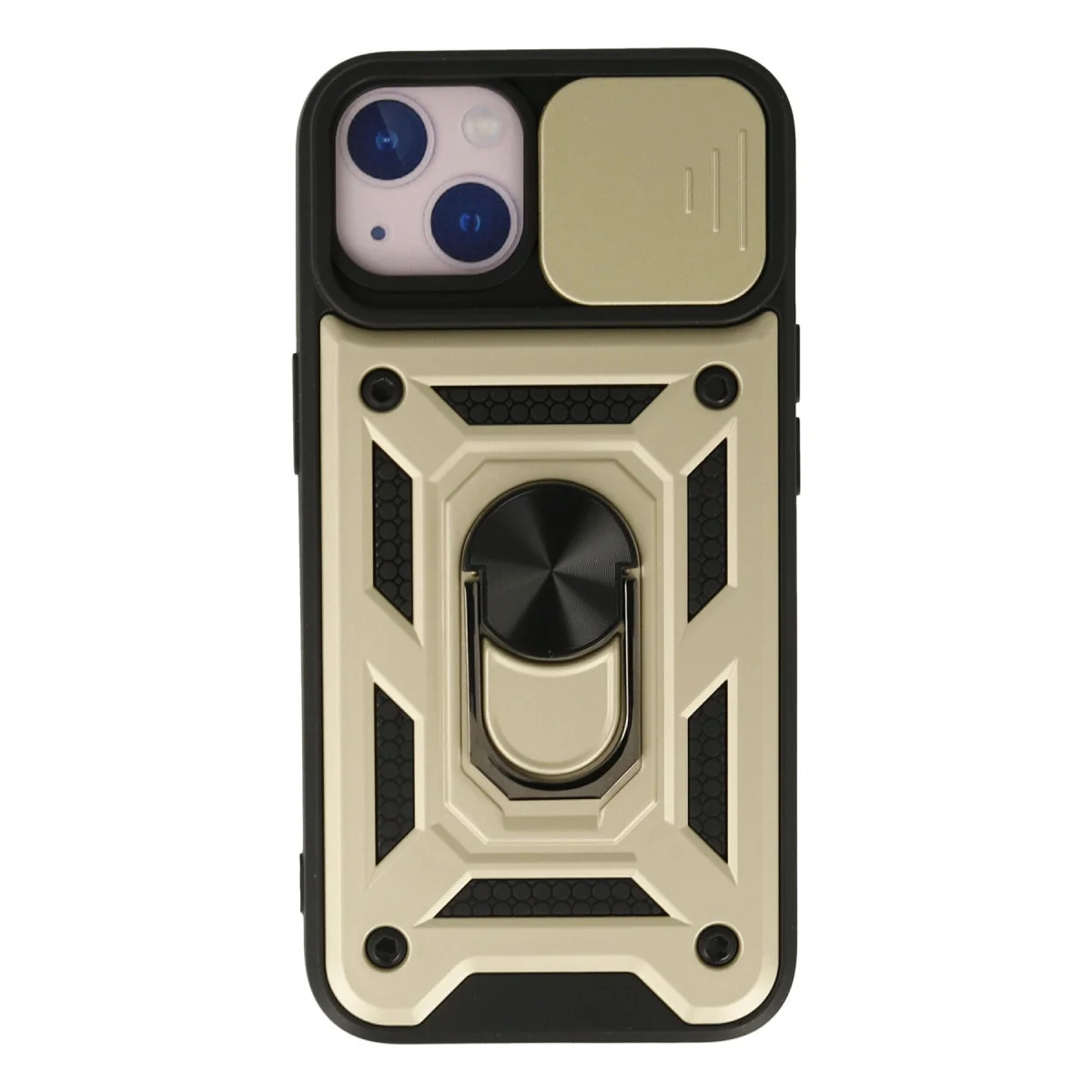 iPhone 15 Kılıf, Pars Lens Yüzüklü Silikon - Gold, Parça Korumalı ve Metal Standlı