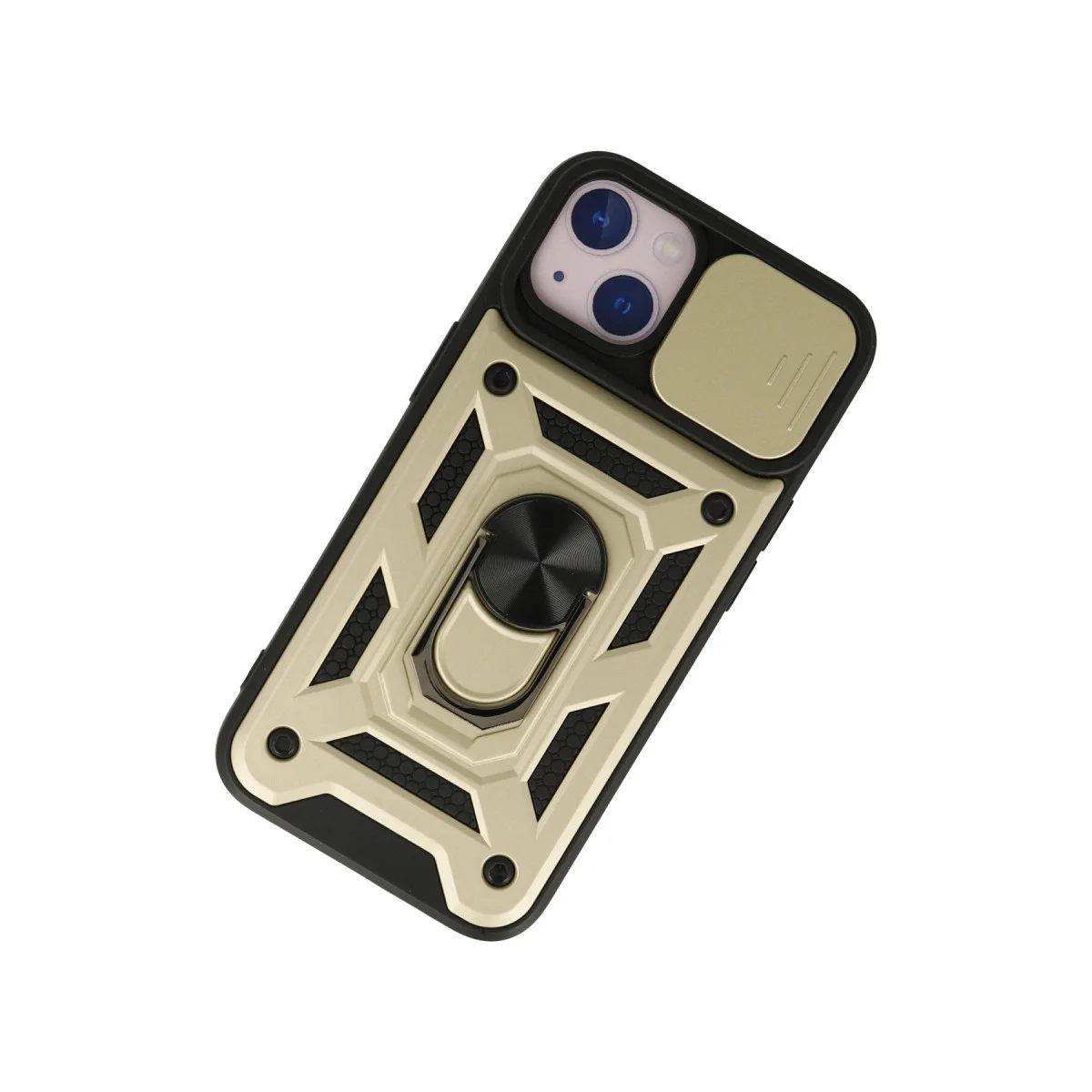 iPhone 15 Kılıf, Pars Lens Yüzüklü Silikon - Gold, Parça Korumalı ve Metal Standlı