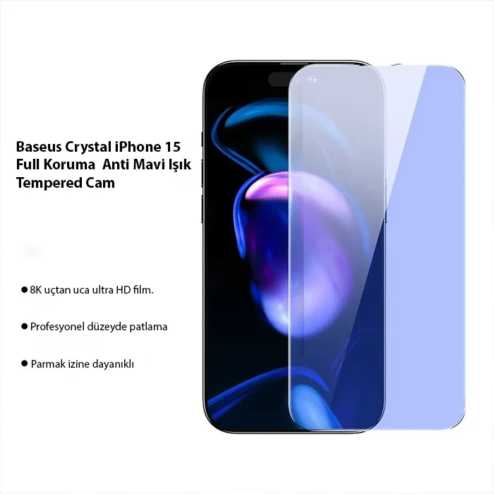 iPhone 15 Mavi Işık Korumalı 8K Cam Ekran Koruyucu 2’li Set