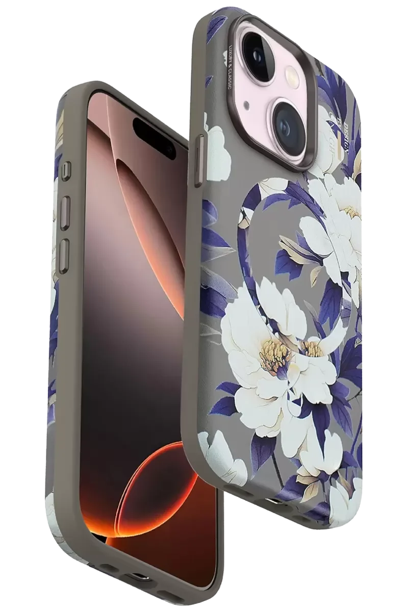 iPhone 15 Plus ile Uyumlu Flower Series Magsafe Kılıf - Gri 3D Gül Desenli