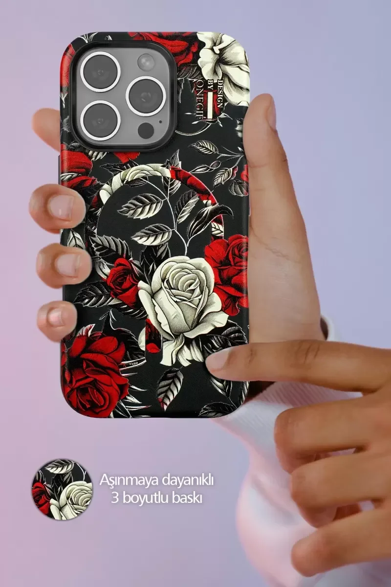 iPhone 15 Plus ile Uyumlu Flower Series Magsafe Kılıf - Gri 3D Gül Desenli