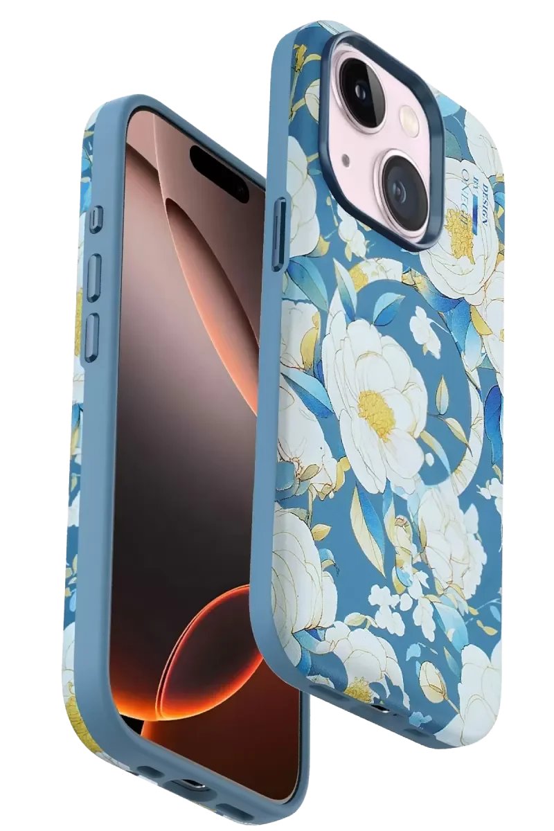 iPhone 15 Plus ile Uyumlu Flower Series Magsafe Kapak - Mavi 3D Gül Desenli Şarjlı Kılıf