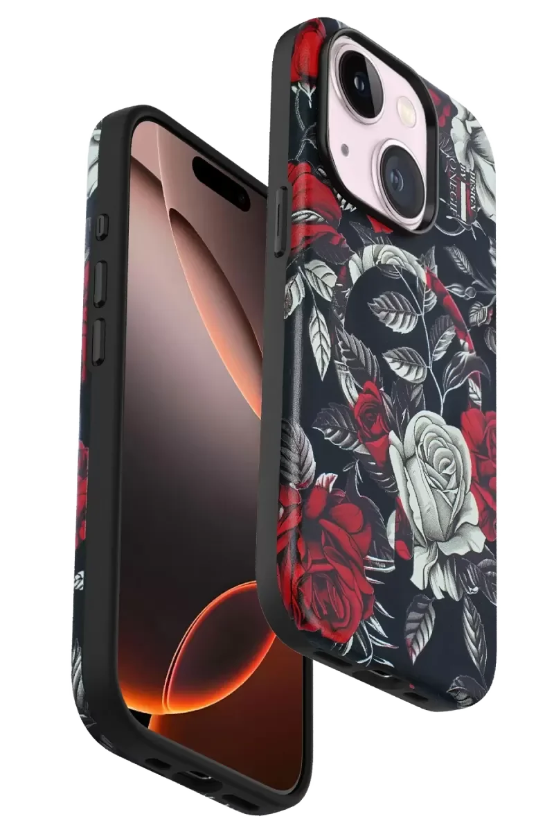iPhone 15 Plus ile Uyumlu Flower Series Magsafe Kapak - Siyah 3D Gül Desenli Şık Kılıf