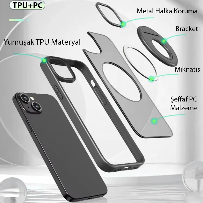 iPhone 15 Plus MagSafe Uyumlu Silikon Kılıf - Manyetik Yüzük Standlı