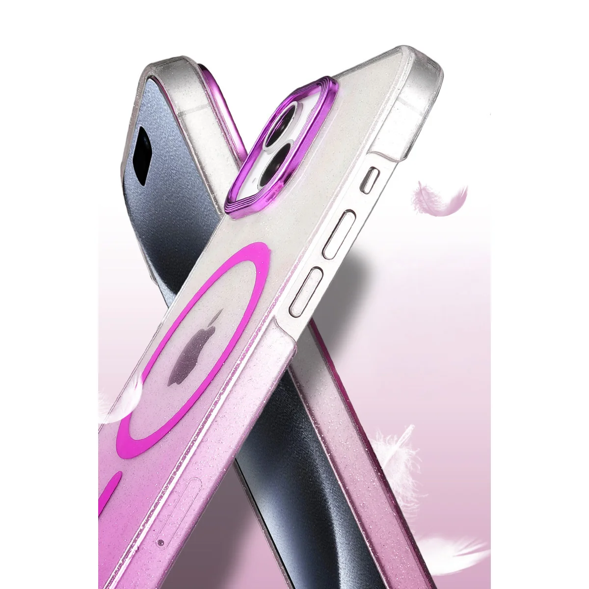 iPhone 15 Plus Magsafe Kapak Pembe - Işıltılı ve Şık Kılıf