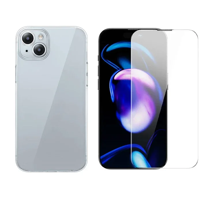 iPhone 15 Plus Şeffaf Silikon Kılıf + Temper Cam Set - Tam Koruma Paketi