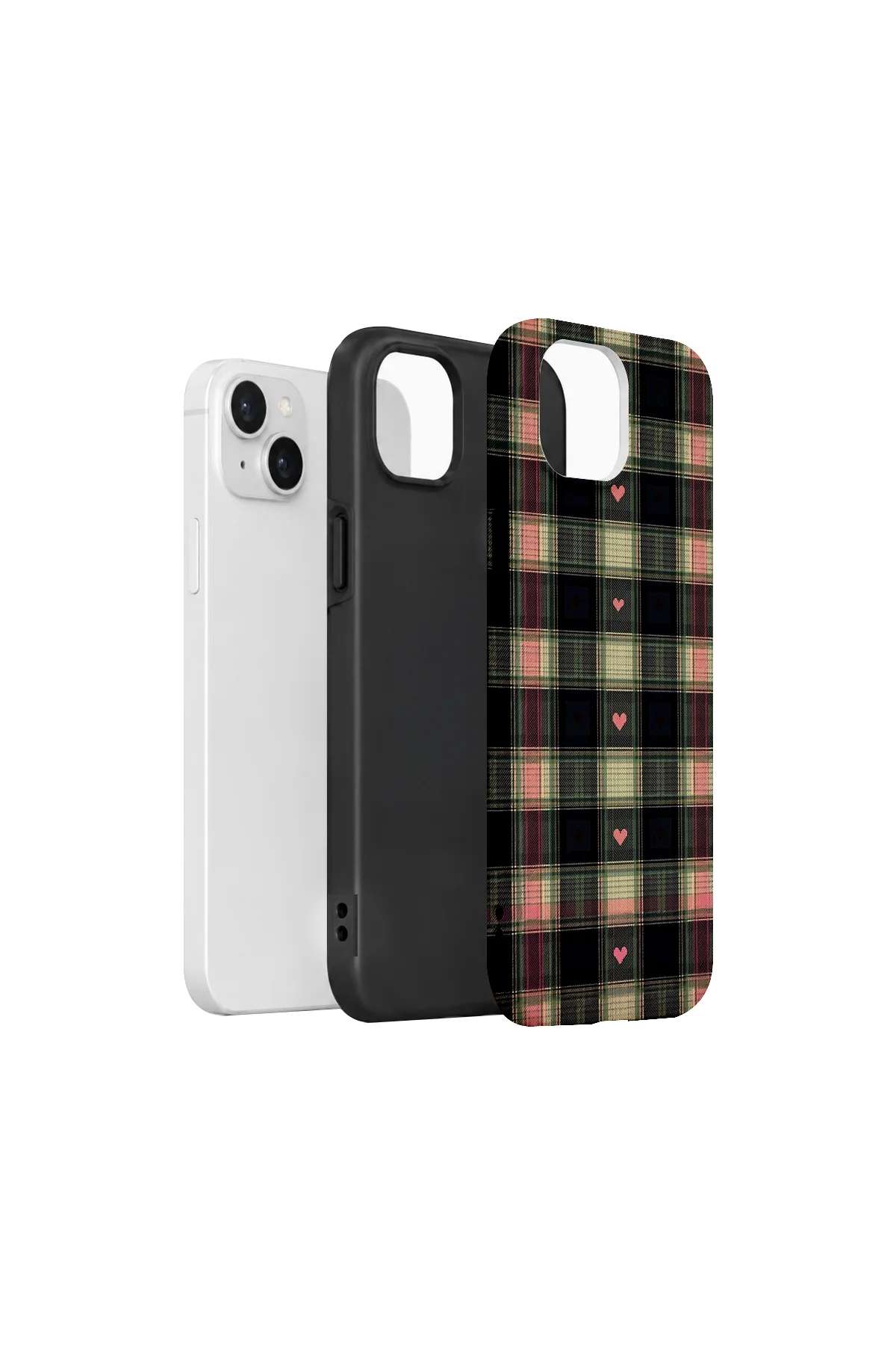 iPhone 15 Plus Vorian Çift Katmanlı Kalpli Vintage Ekose Kılıf - Görsel 2