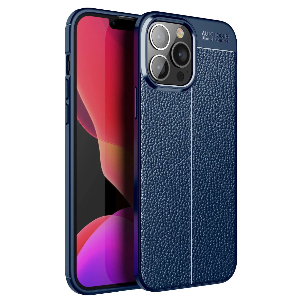 iPhone 15 Pro Auto Focus Kılıf - Lacivert TPU Deri Dokulu, Darbe Emici ve Şık Koruma