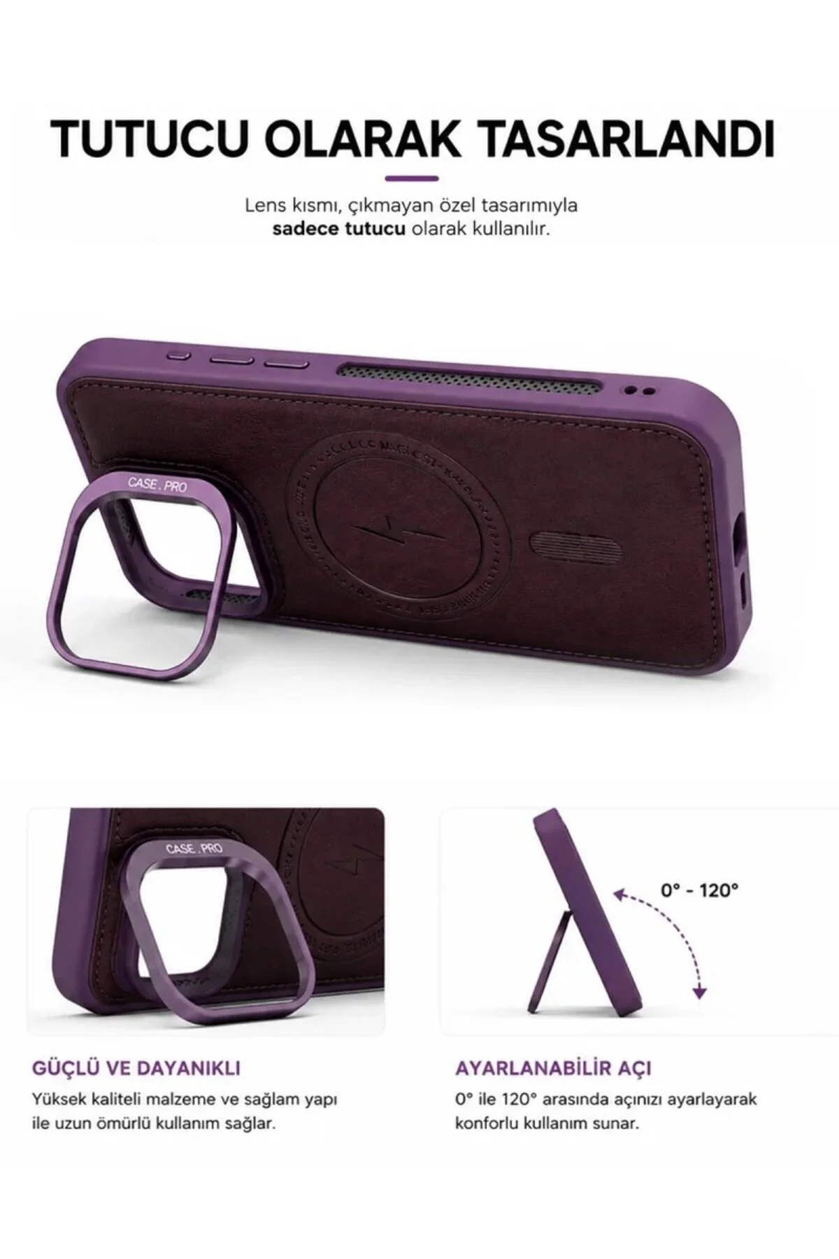 iPhone 15 Pro GripStand MagSafe Deri Kılıf Mor