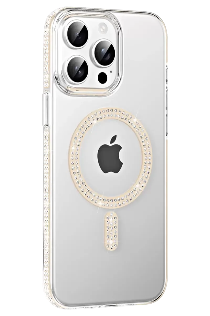 iPhone 15 Pro ile Uyumlu Move Taşlı Magsafe Kapak - Pembe Işıltılı Elmas Detaylı Darbe Korumalı Şeffaf Telefon Kılıfı