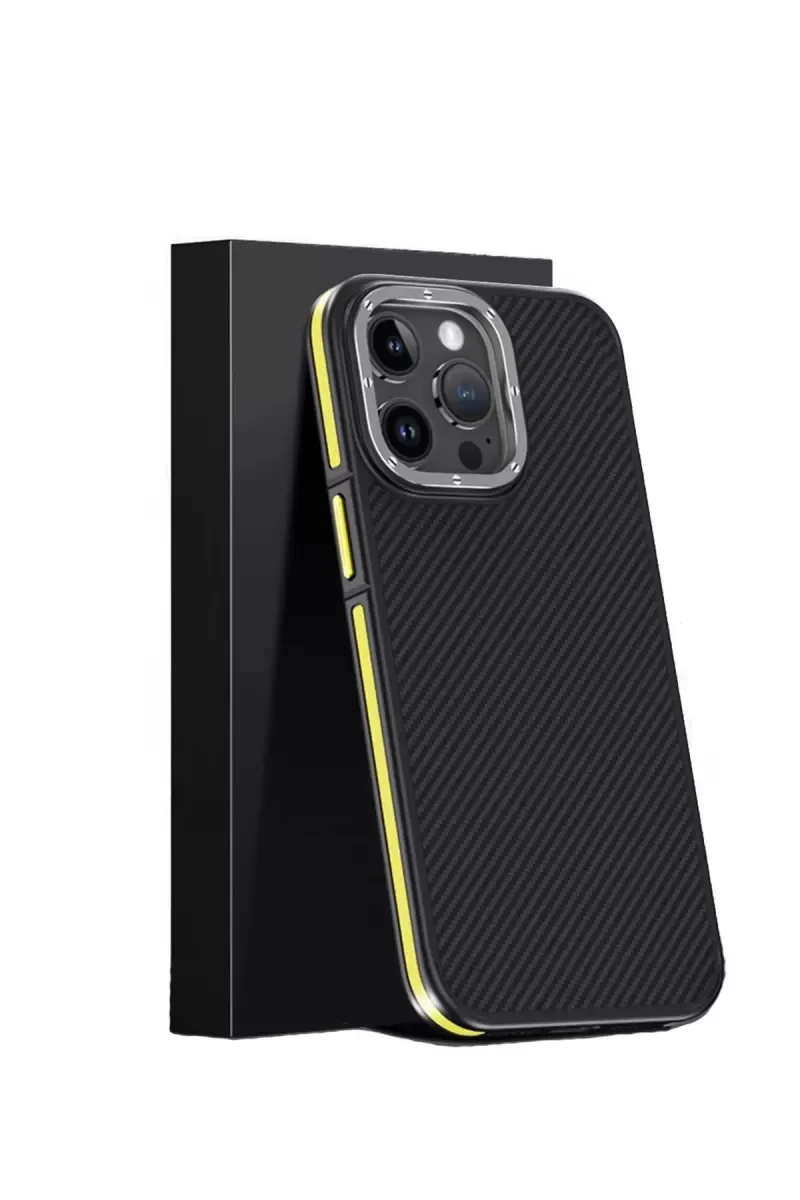 iPhone 15 Pro ile Uyumlu Aramid 600D Kevlar Karbon Fiber MagSafe Kılıf - Sarı