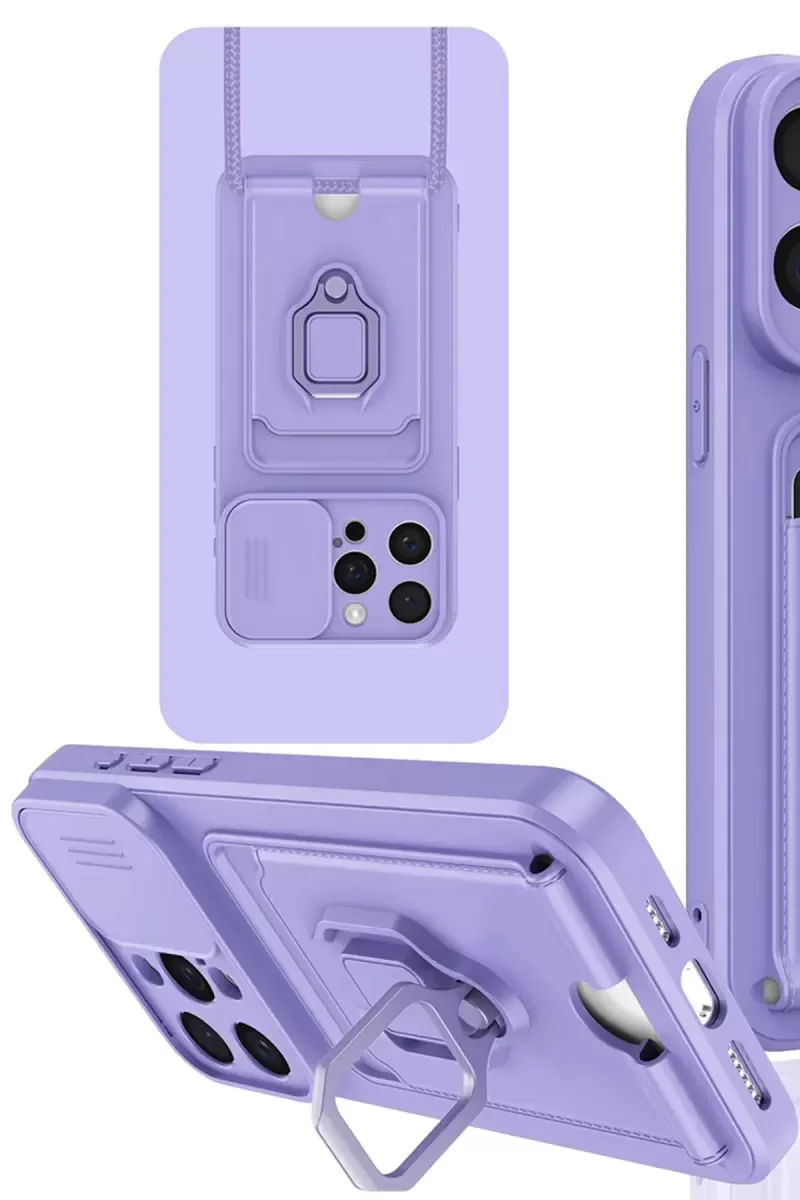 iPhone 15 Pro ile Uyumlu Zuma Kartvizitli Yüzüklü Silikon Kılıf - Lila, Kamera Korumalı, Stand Yüzüklü, Omuz Askısı Destekli