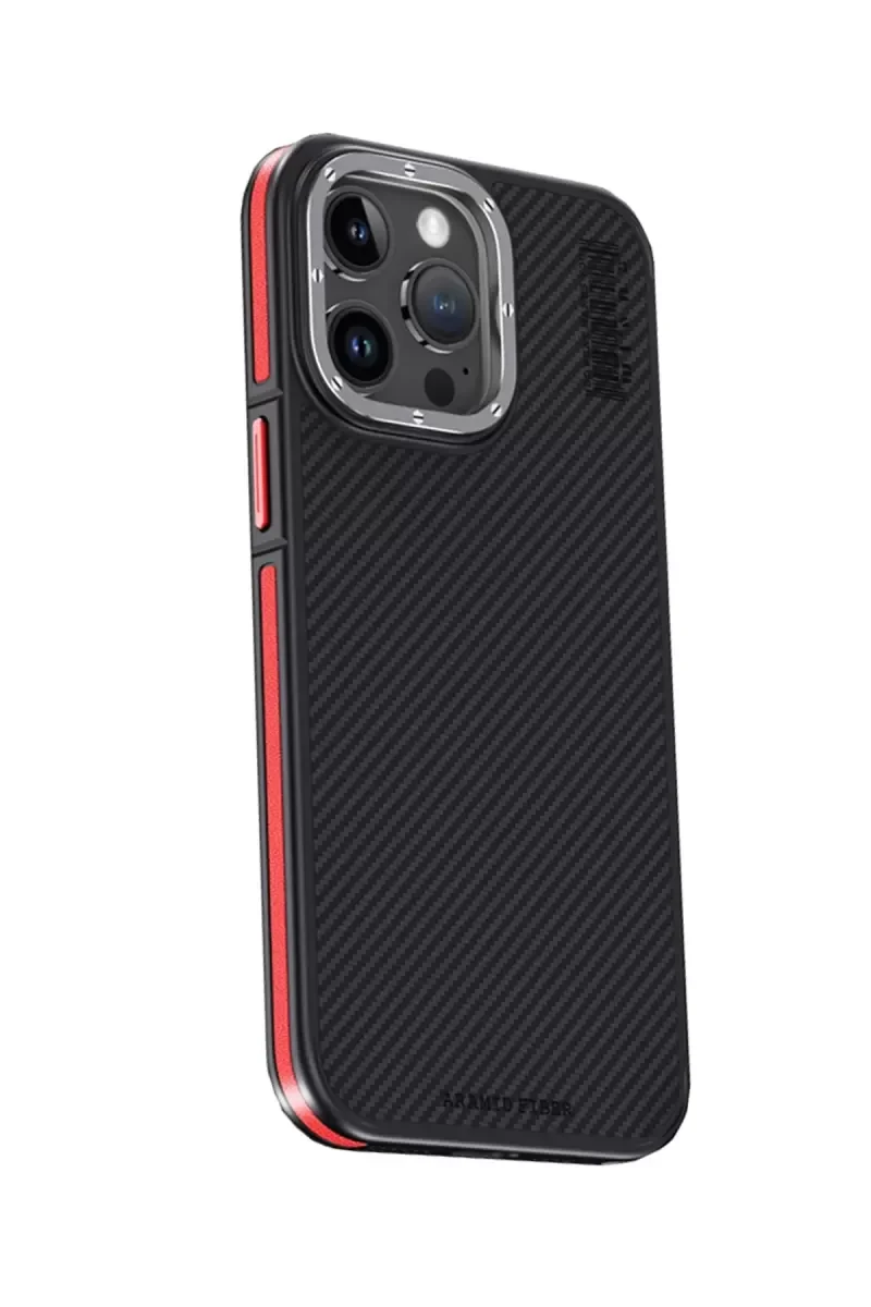 iPhone 15 Pro ile Uyumlu Aramid 600D Kevlar Karbon Fiber MagSafe Kılıf - Kırmızı